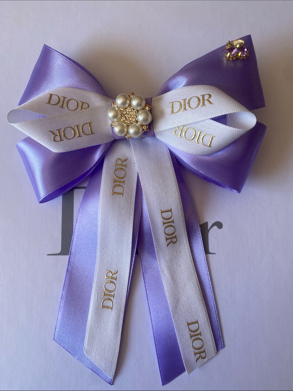 Dior Lavender and White Ribbon Bow HairClip with Pearl Cluster Handmade